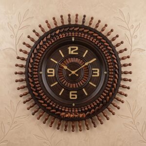 Handcrafted Sheesham Sunburst Wall Clock with Turned Finial Spindles