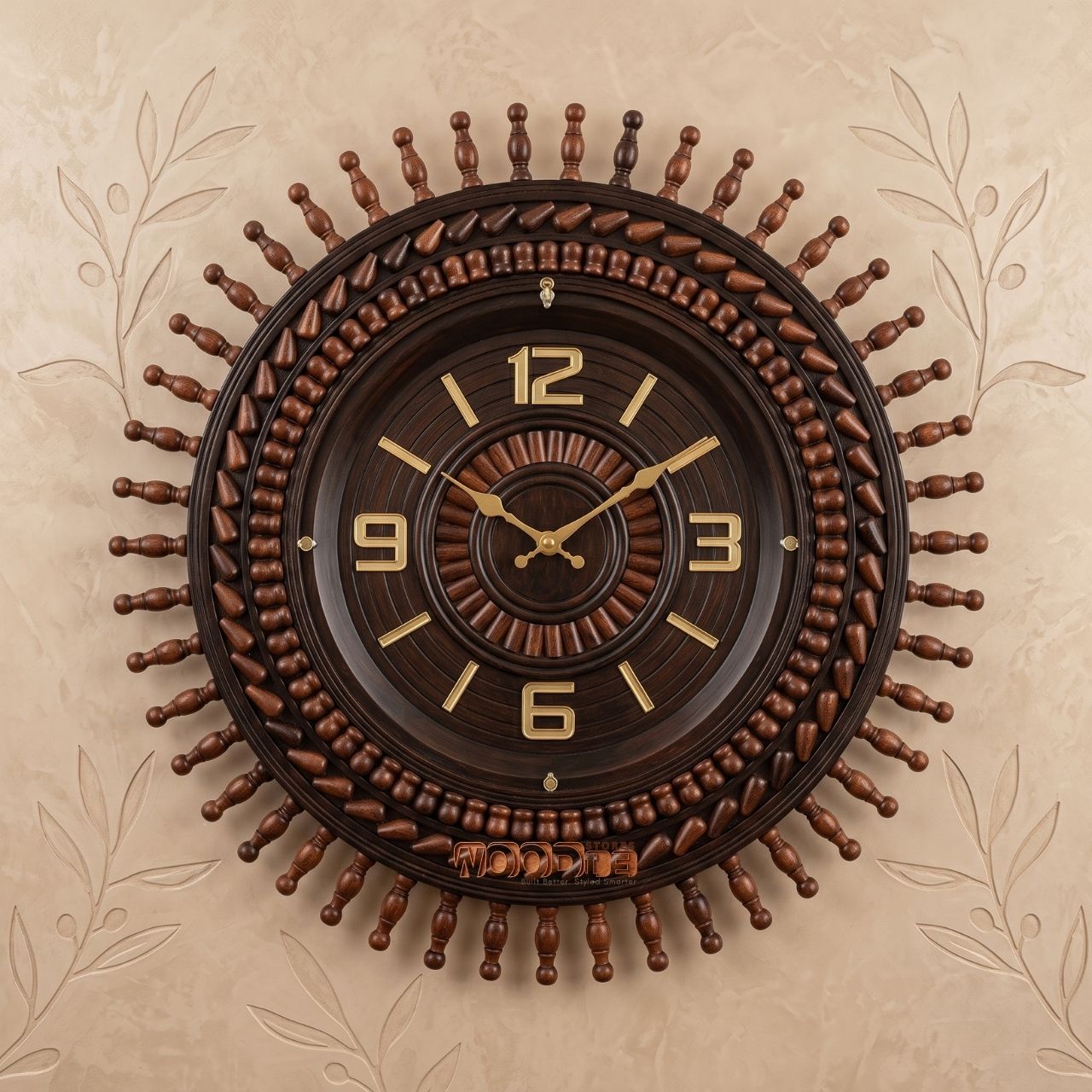 Handcrafted Sheesham Sunburst Wall Clock with Turned Finial Spindles