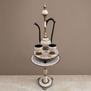 Traditional Handcrafted Brass & Ivory Enamel Dallah Coffee Pot with Pedestal Cups Set