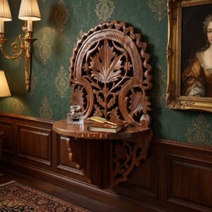 Hand-Carved Sheesham Wood Floating Wall Shelf Console with Floral Jali Crest