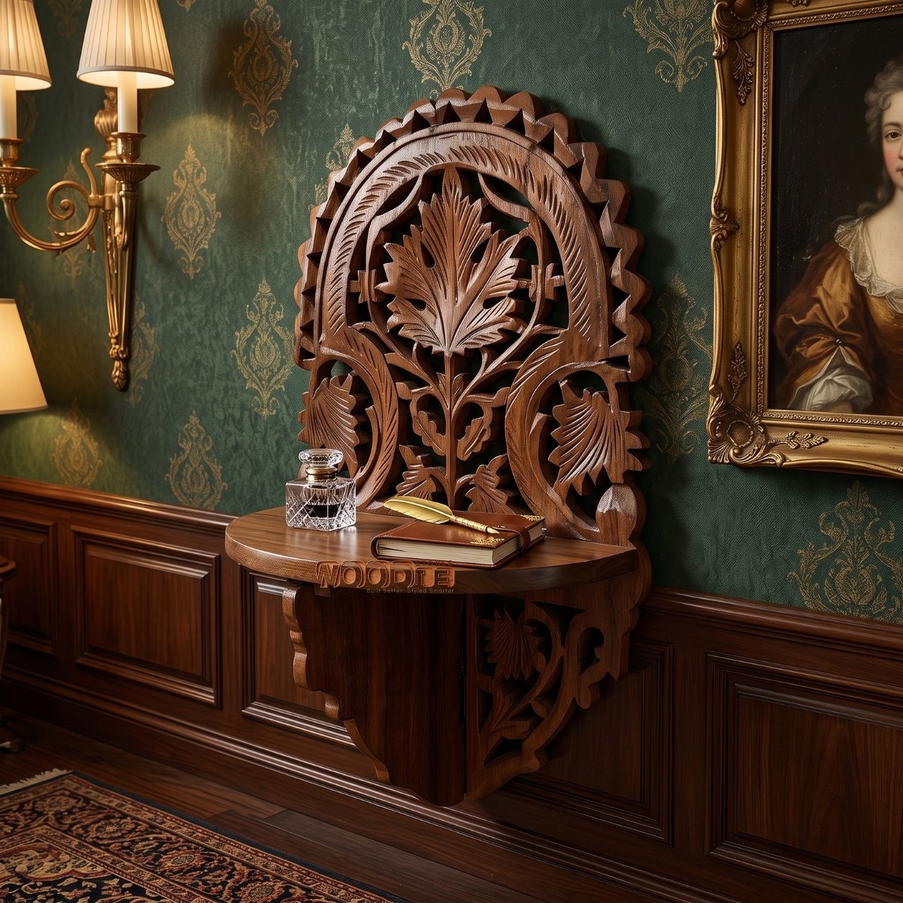 Hand-Carved Sheesham Wood Floating Wall Shelf Console with Floral Jali Crest