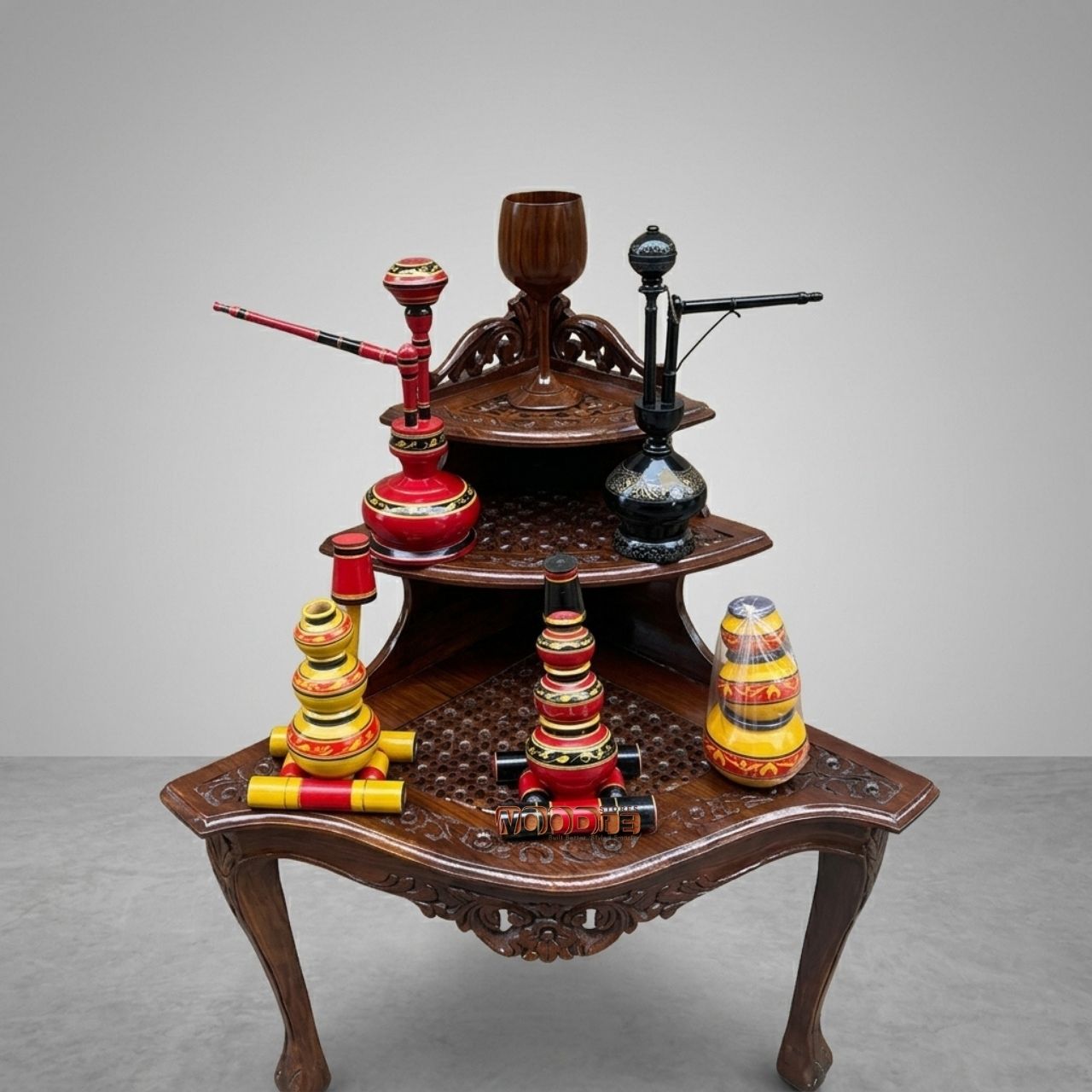 Handcrafted Sheesham 3-Tier Corner Whatnot Table with Hand-Painted Lacquer Craft Set