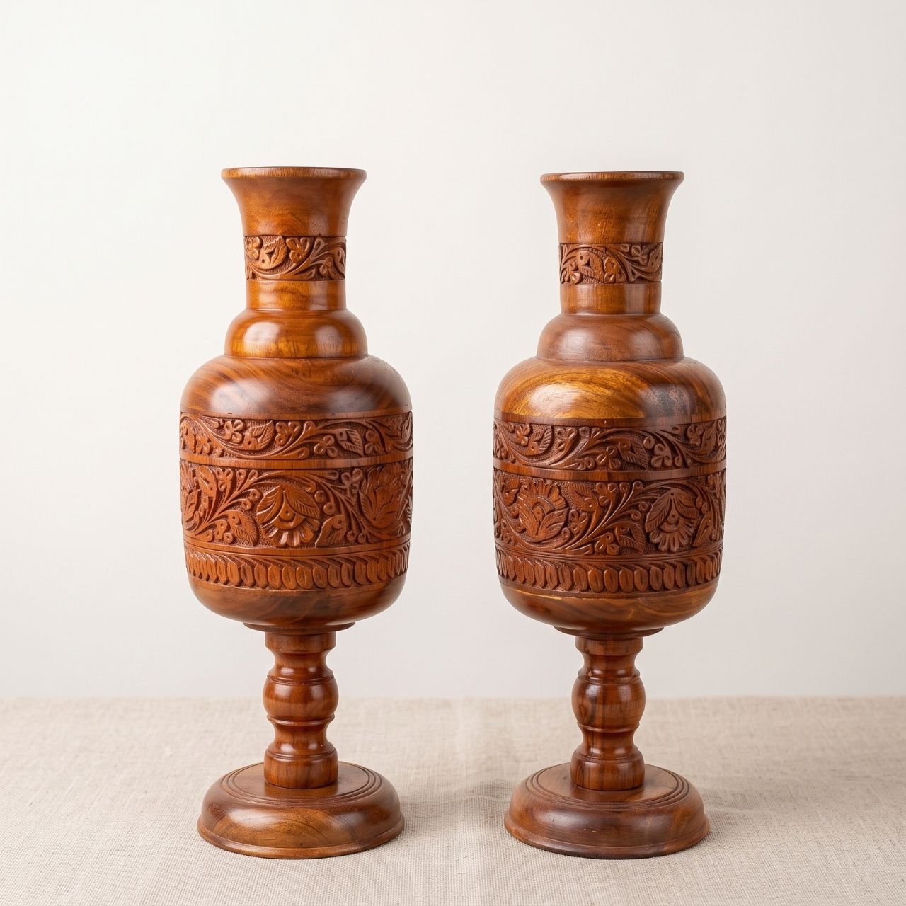 Hand-Carved Sheesham Wooden Goblet Urn Vases (Pair of 2)