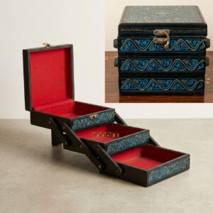 Handcrafted 3-Tier Cantilever Folding Wooden Jewelry Keepsake Box with Blue & Gold Lacquer