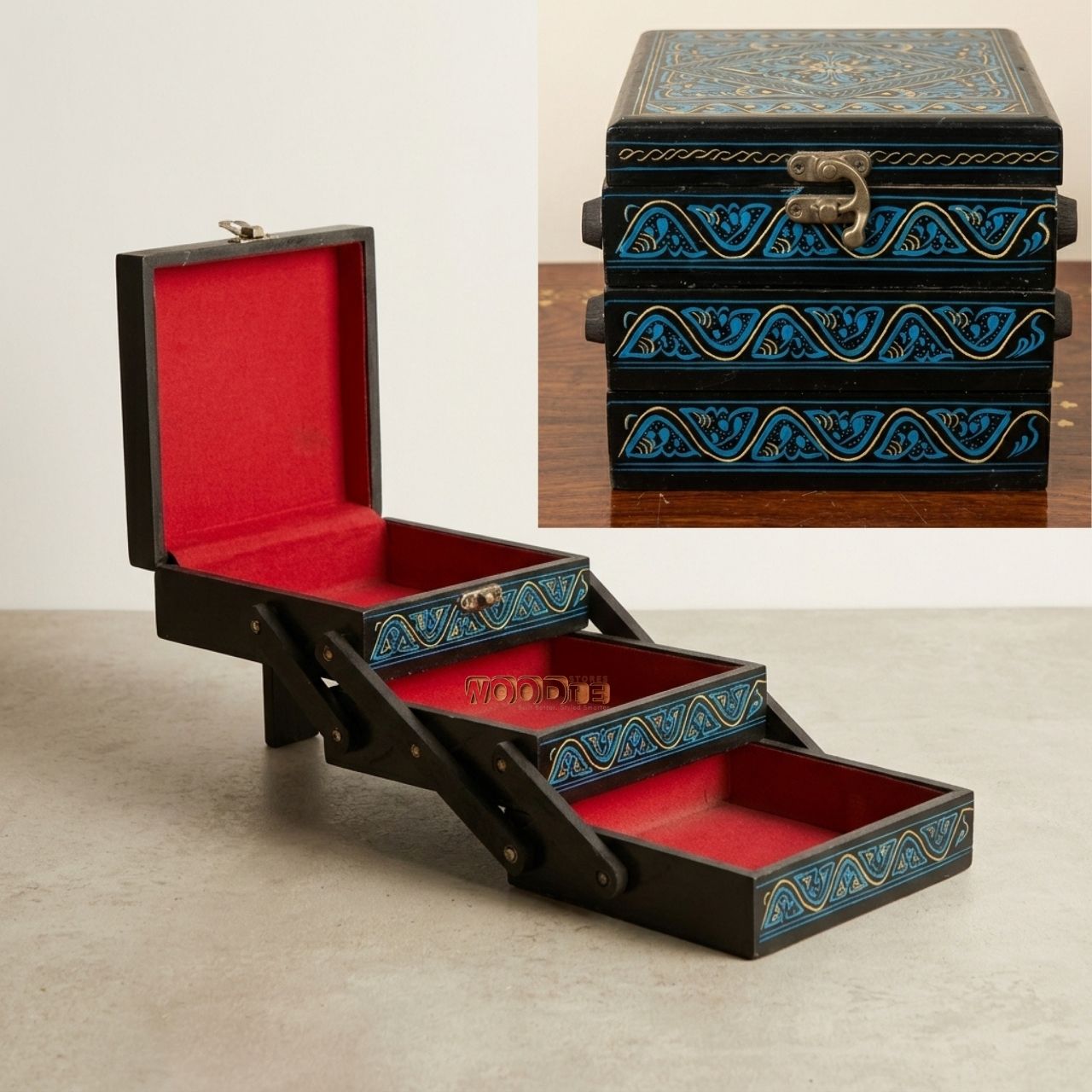 Handcrafted 3-Tier Cantilever Folding Wooden Jewelry Keepsake Box with Blue & Gold Lacquer