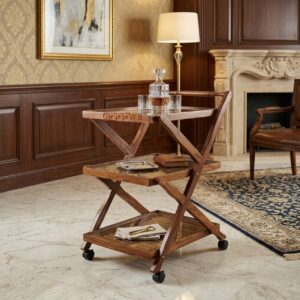 Handcrafted Sheesham 3-Tier Folding Z-Frame Tea Trolley Bar Cart with Wheels
