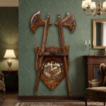 Sheesham Battle Axe Wall Clock Pakistan with heraldic shield and display shelf