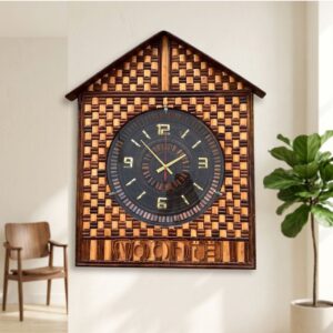 Handcrafted Sheesham Parquet Wall Clock (Hut Silhouette)