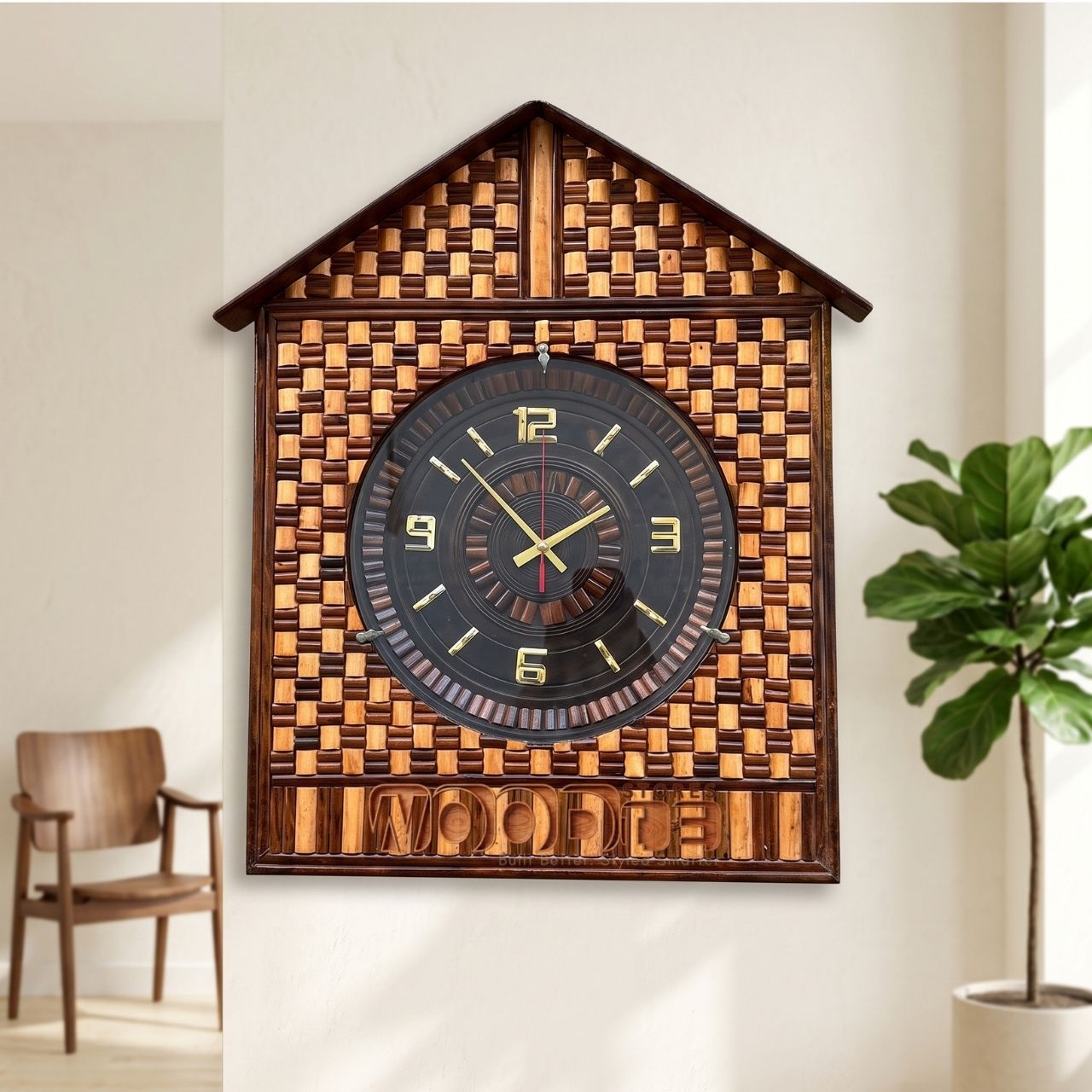 Handcrafted Sheesham Parquet Wall Clock (Hut Silhouette)