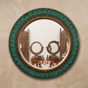 Handcrafted Royal Emerald Green & Gold Lacquer Art Round Wall Mirror Frame