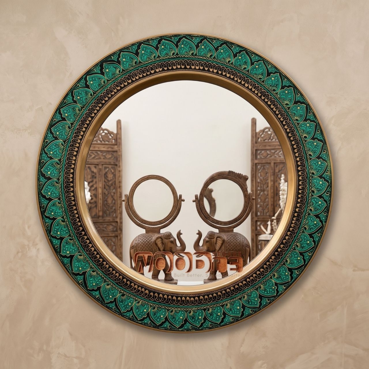 Handcrafted Royal Emerald Green & Gold Lacquer Art Round Wall Mirror Frame
