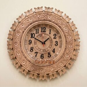 Hand-Carved Natural Sheesham Wooden Round Wall Clock with Scalloped Floral Crown