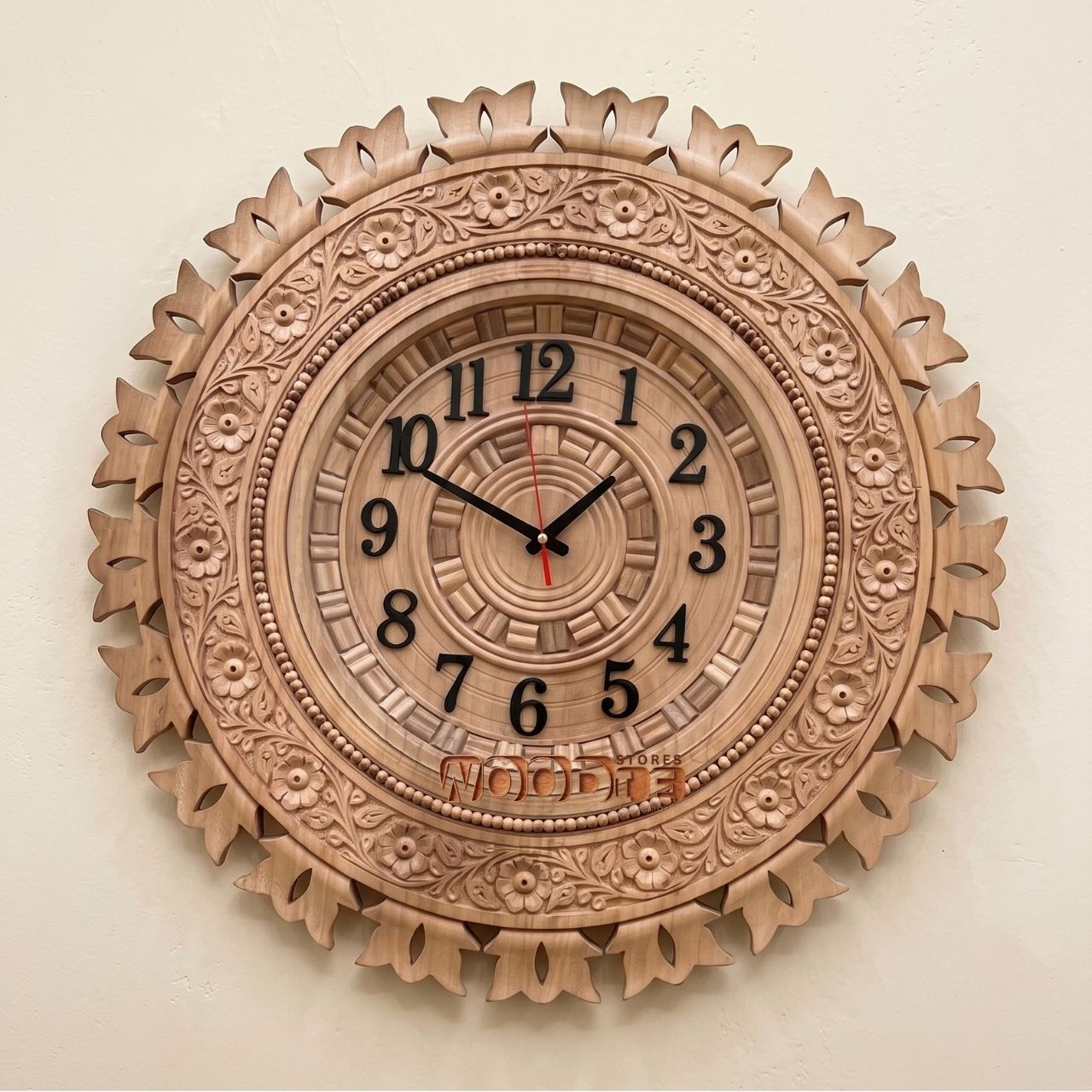 Hand-Carved Natural Sheesham Wooden Round Wall Clock with Scalloped Floral Crown