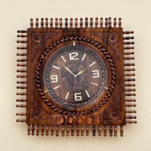 Handcrafted Sheesham Square Wall Clock with Turned Spindle Rails & Floral Corners