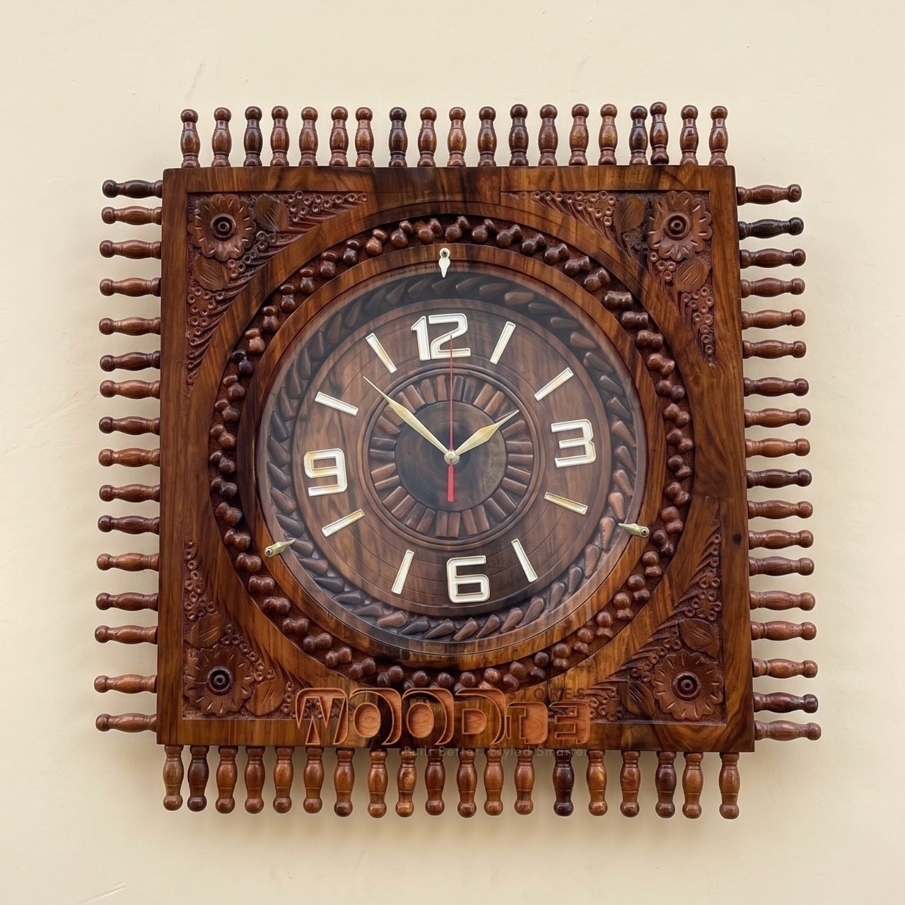 Handcrafted Sheesham Square Wall Clock with Turned Spindle Rails & Floral Corners
